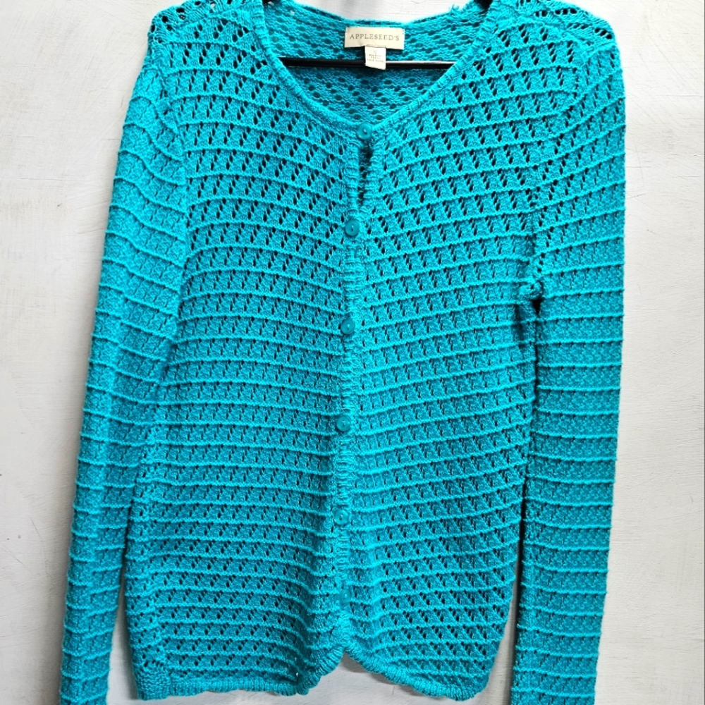 Appleseed's turquoise blue open knit cotton cardigan sweater ~ womens small